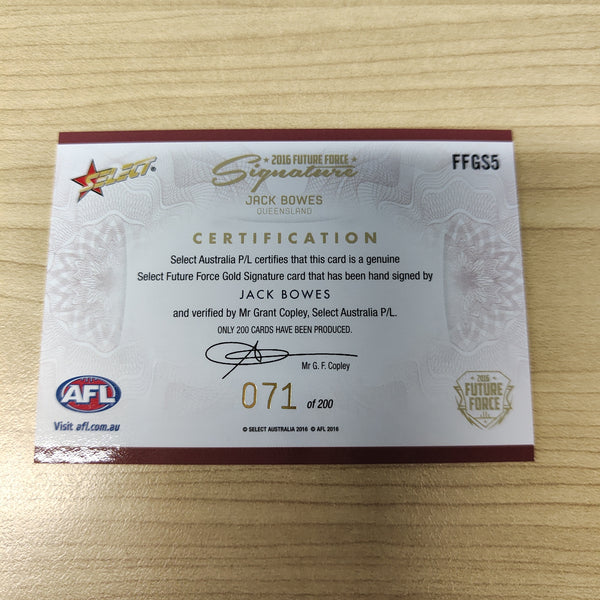2016 Select Future Force Gold Signature Jack Bowes Gold Coast Suns No.071/200