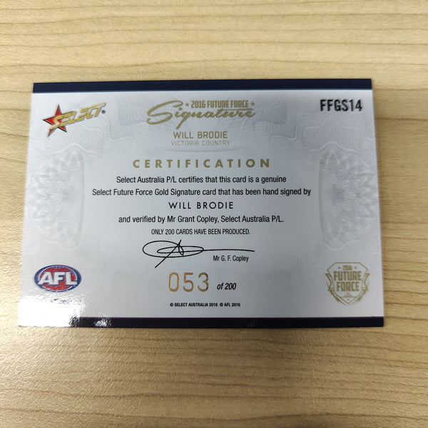 2016 Select Future Force Gold Signature Will Brodie Gold Coast Suns No.053/200