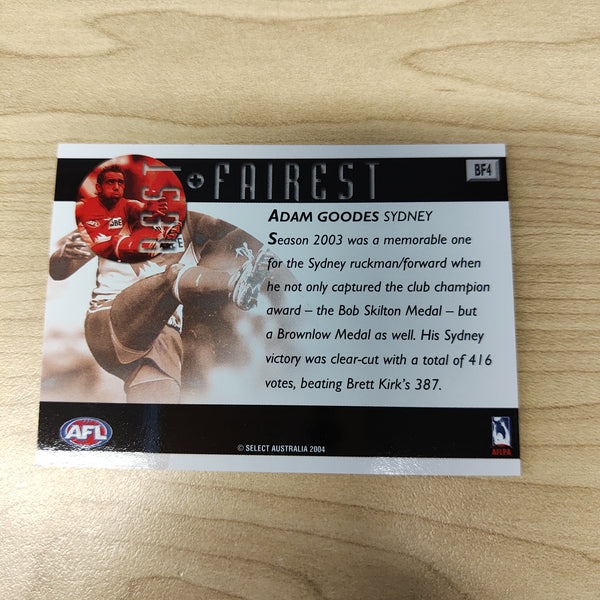 2004 Select AFL Ovation Best & Fairest Card Adam Goodes Sydney
