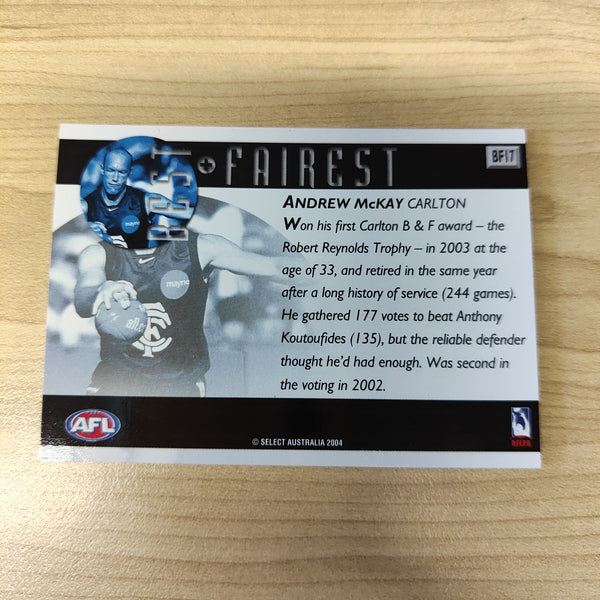 2004 Select AFL Ovation Best & Fairest Card Andrew McKay Carlton