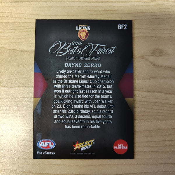 2017 Select AFL Best & Fairest Card Dayne Zorko Brisbane