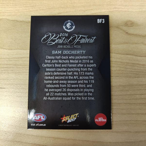 2017 Select AFL Best & Fairest Card Sam Docherty Carlton