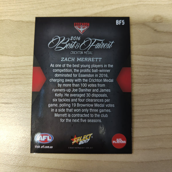 2017 Select AFL Best & Fairest Card Zach Merrett Essendon