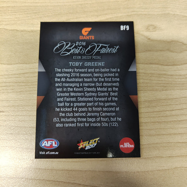 2017 Select AFL Best & Fairest Card Toby Greene GWS