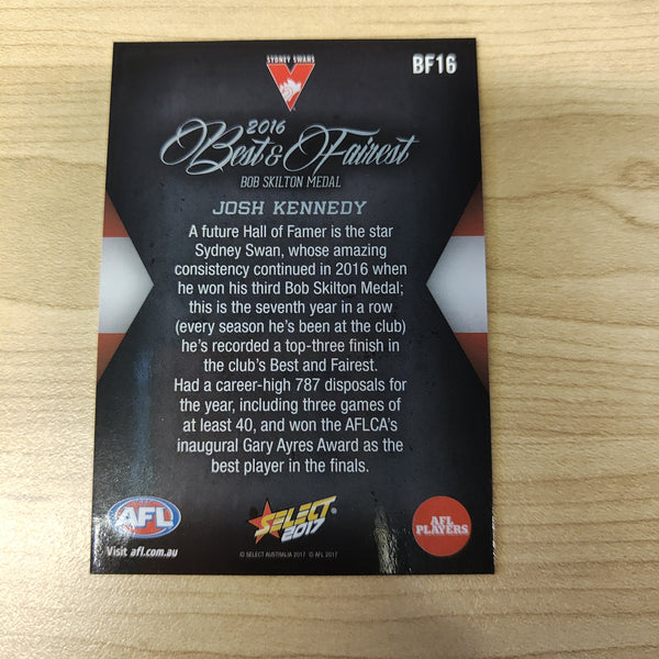 2017 Select AFL Best & Fairest Card Josh Kennedy Sydney