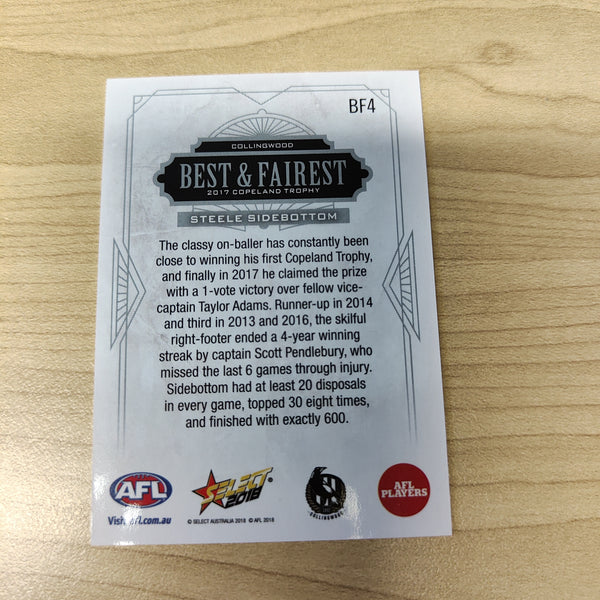 2018 Select AFL Best & Fairest Card Steele Sidebottom Collingwood