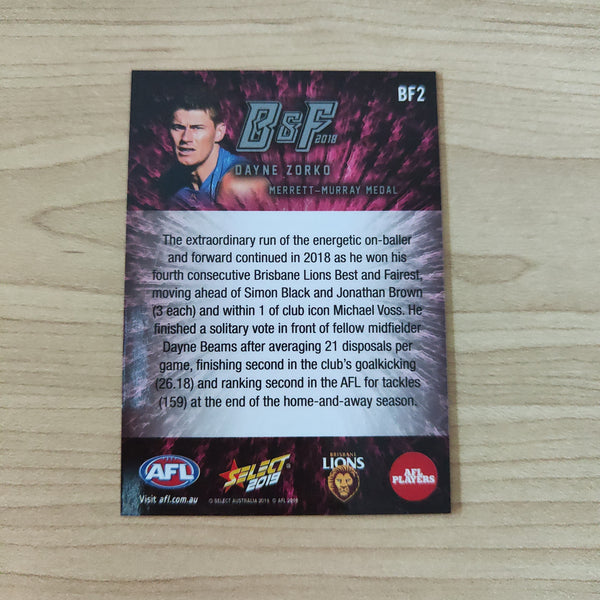 2019 Select AFL Footy Stars Best And Fairest Dayne Zorko Brisbane