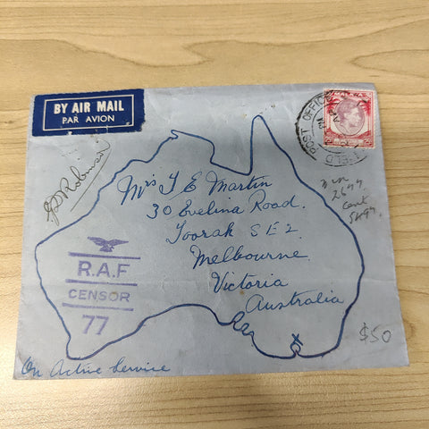 Australia Malaya Straits Settlements 25c George VI Air Mail Cover April 1941 Field Office To Australia R.A.F Censor