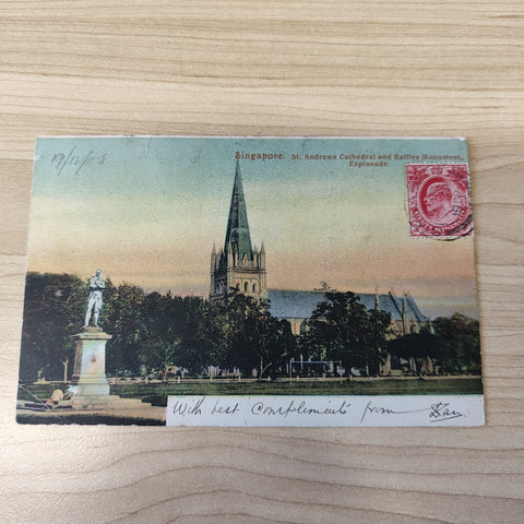 Malaya Strait Settlements Singapore St Andrews Cathedral and Raffles Monument Esplanade 3c King Edward 1908 Postcard To England