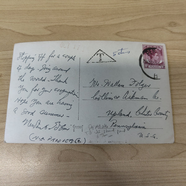 Malaya Strait Settlements Singapore Botanical Gardens Penang 1951 King George VI 10c Postcard To USA Postage Due