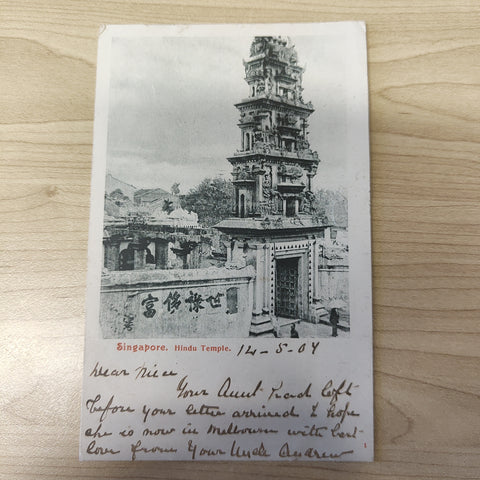 Malaya Strait Settlements Singapore Hindu Temple 1904 King Edward 3c Postcard To Australia