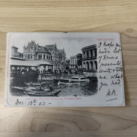 Malaya Strait Settlements Singapore Johnston's Pier and Hongkong Shanghai Bank 1903 King Edward 3c Postcard To England
