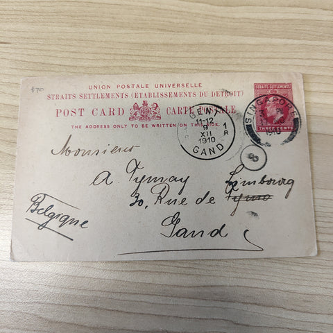 Malaya Straits Settlements Singapore 1910 King Edward 3c Postcard to Belgium