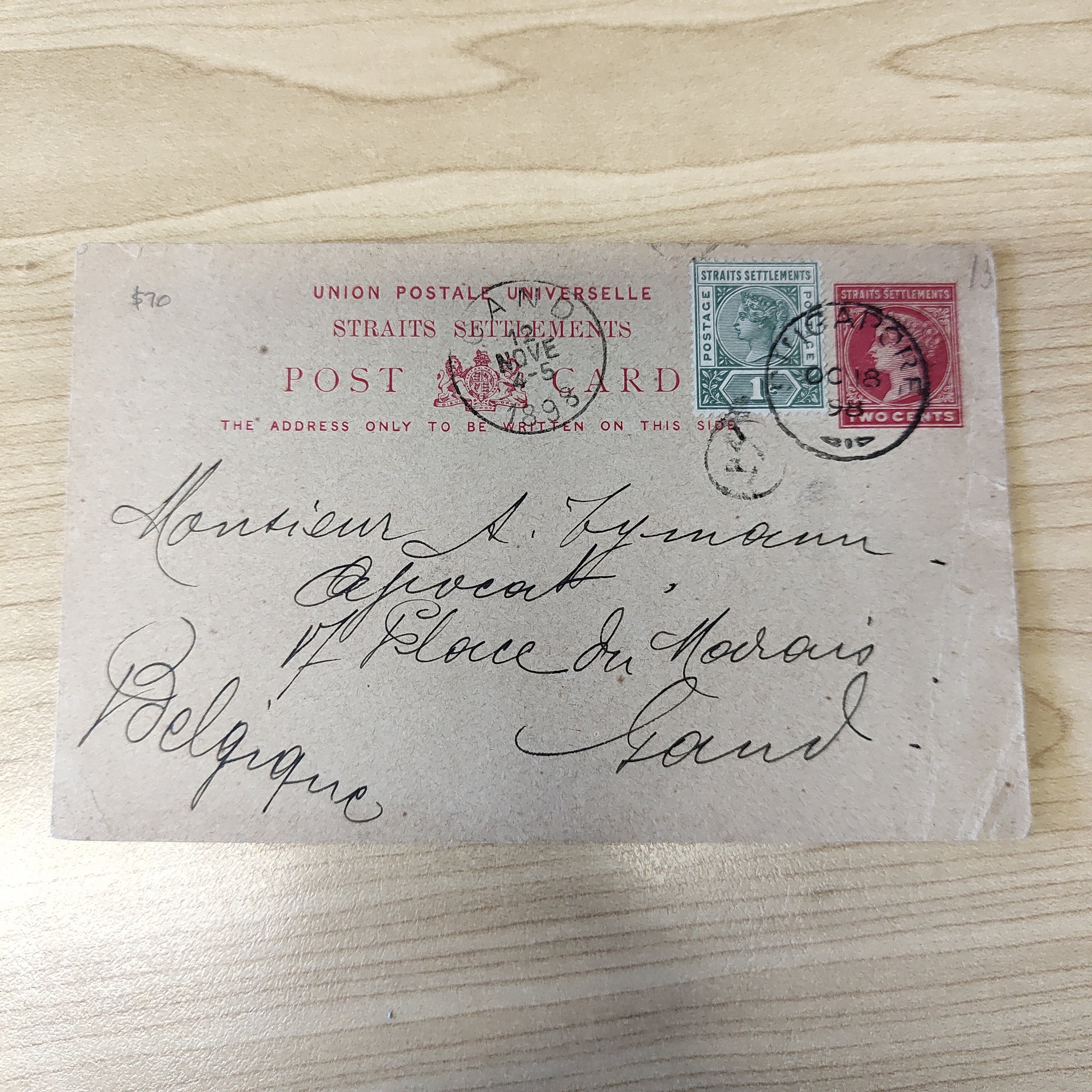 Malaya Straits Settlements Singapore 2c 1c Queen Victoria 1898 Postcard to Belgium