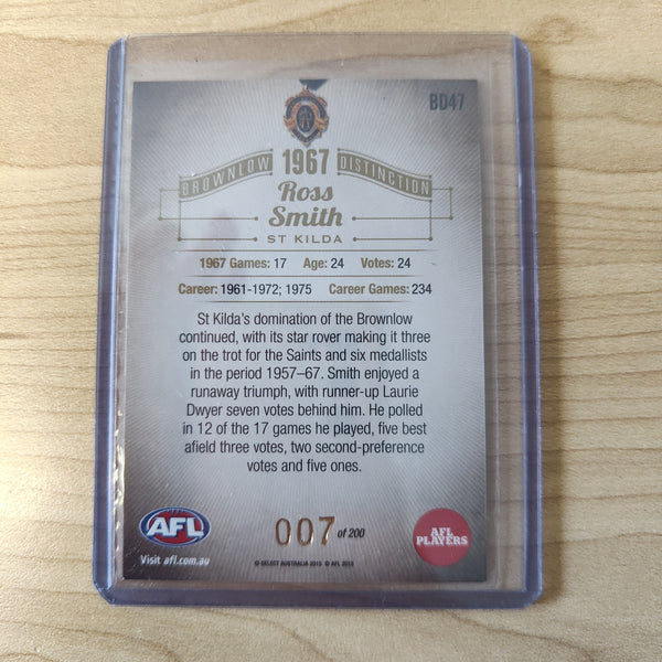 2015 Select Honours 2 Brownlow Distinction 1967 Ross Smith St Kilda LOW NUMBER