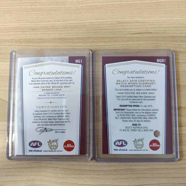 2016 Select Certified Match Worn Guernsey Dayne Beams Brisbane No.071/160