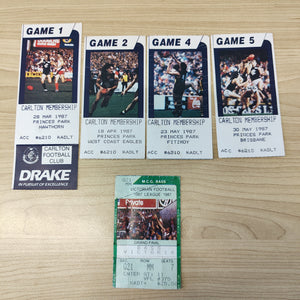 VFL 1987 Carlton Football Club Tickets Including Grand Final Ticket Premiership Year