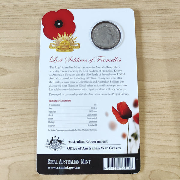 2010 Australia Remembers Lost Soldiers of Fromelles 20c Uncirculated Carded Coin