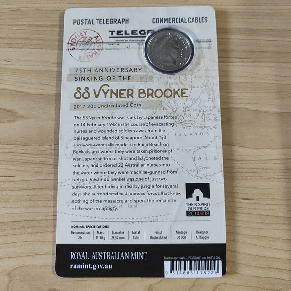 2017 75th Anniversary Sinking of the SS Vyner Brooke 20c Uncirculated Carded Coin