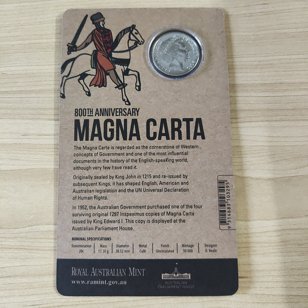 2015 800th Anniversary Magna Carta 20c Uncirculated Carded Coin