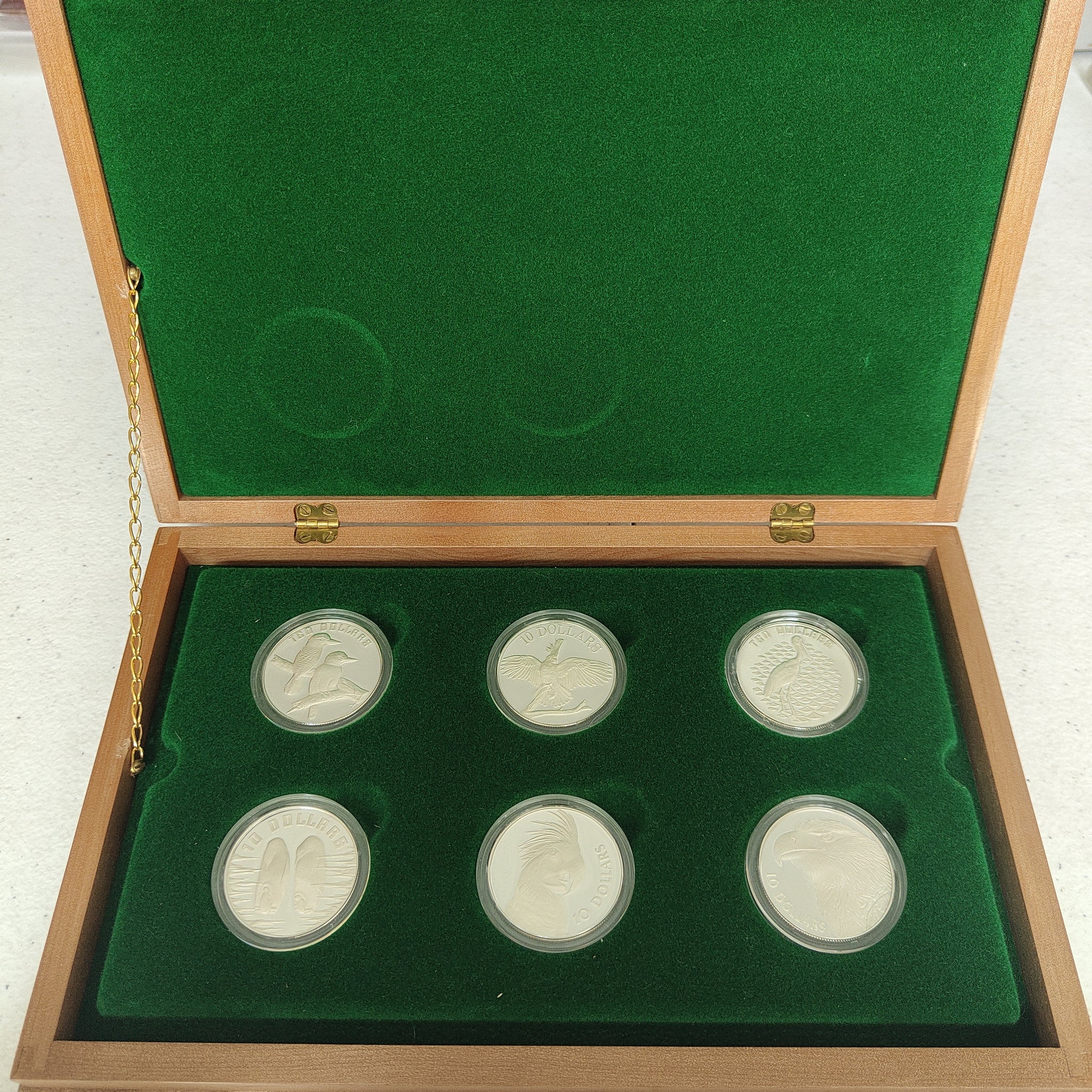 Australia 1989-1994 Royal Australian Mint Birds of Australia 6 x $10 Proof Sterling Silver Coin Set in deluxe wooden case