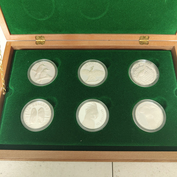 Australia 1989-1994 Royal Australian Mint Birds of Australia 6 x $10 Proof Sterling Silver Coin Set in deluxe wooden case