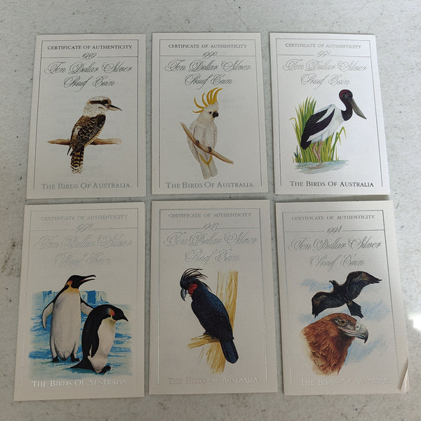 Australia 1989-1994 Royal Australian Mint Birds of Australia 6 x $10 Proof Sterling Silver Coin Set in deluxe wooden case
