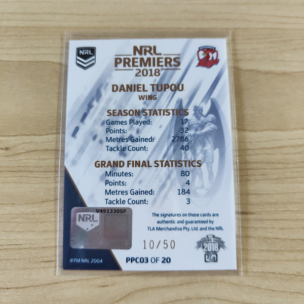 2018 NRL Premiers Sydney Roosters Limited Edition Daniel Tupou Signature Card 10/50