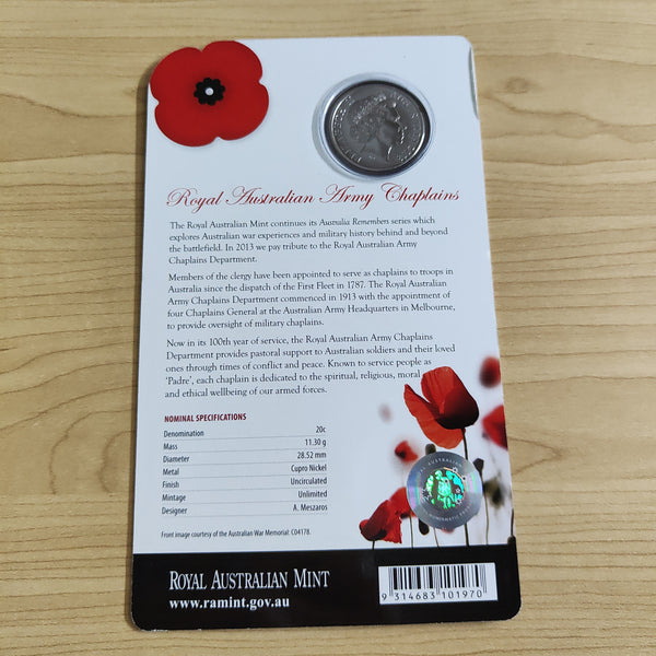 2013 Australia Remembers Royal Australian Army Chaplains 20c Uncirculated Carded Coin