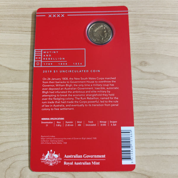 Australia 2019 Royal Australian Mint $1 Rum Rebellion 1808 Carded Uncirculated Coin