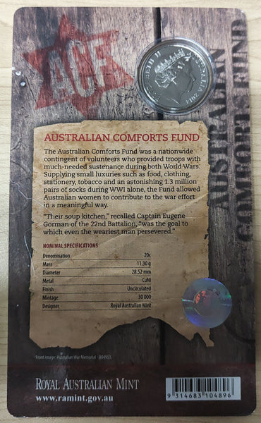 Australia 2014 Royal Australian Mint 20c Australia Remembers Australian Comfort Fund Uncirculated Carded Coin