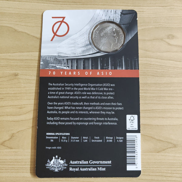 Australia 2019 Royal Australian Mint Fifty Cents 50c Spies and Spooks 70 Years of ASIO Uncirculated Carded Coin