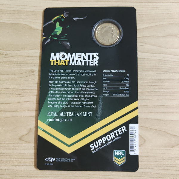 Australia 2015 Royal Australian Mint $1 Moments That Matter NRL Premiership Rugby S Counterstamp Uncirculated $1 Carded Coin