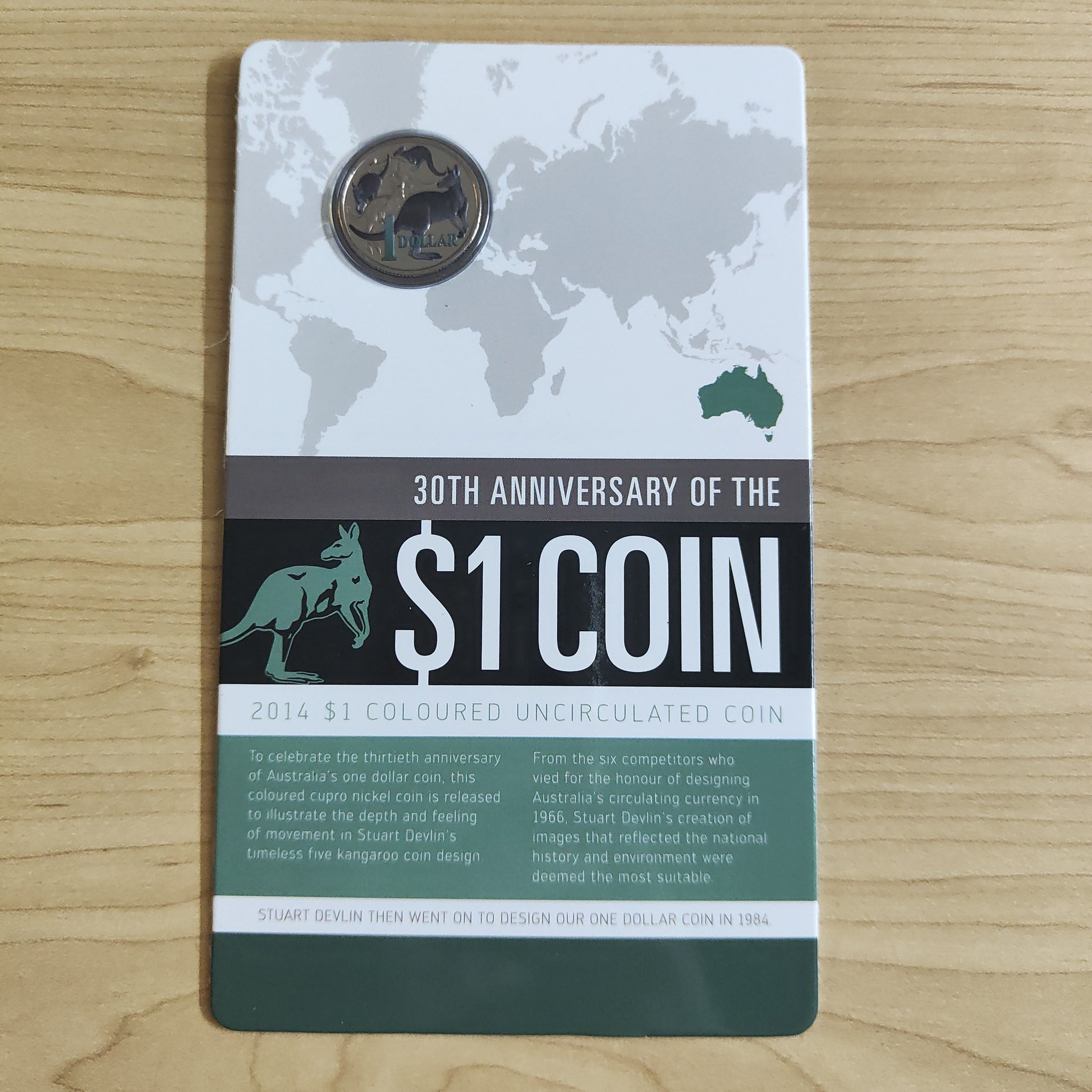Australia 2014 Royal Australian Mint $1 30th Anniversary of the Dollar Coin Coloured Uncirculated $1 Carded Coin