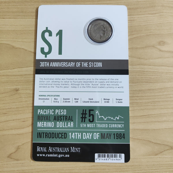 Australia 2014 Royal Australian Mint $1 30th Anniversary of the Dollar Coin Coloured Uncirculated $1 Carded Coin