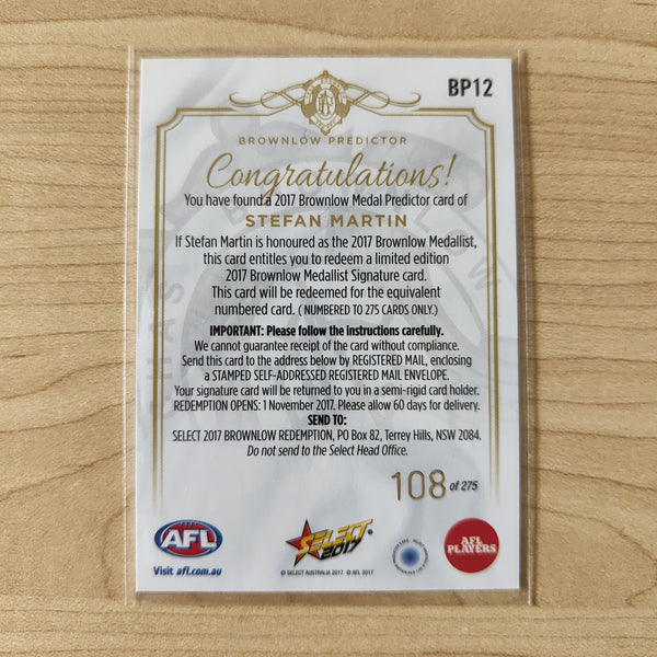 2017 Select Footy Stars Brownlow Predictor Stefan Martin Brisbane 108/275