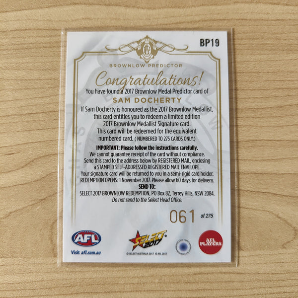 2017 Select Footy Stars Brownlow Predictor Sam Docherty Carlton 061/275