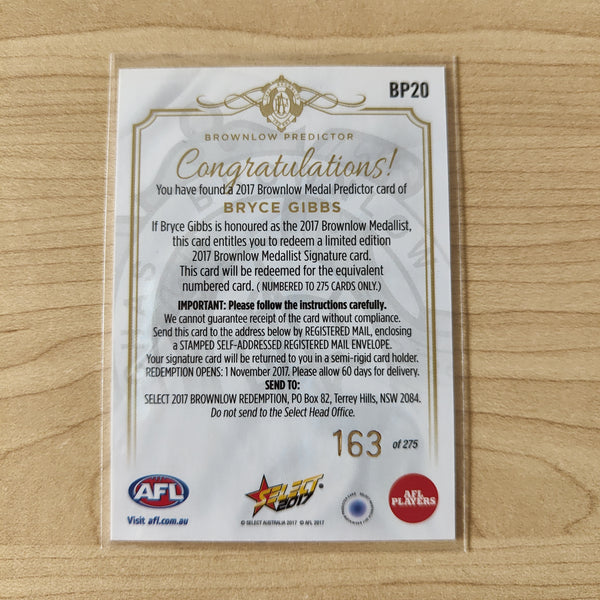 2017 Select Footy Stars Brownlow Predictor Bryce Gibbs Carlton 163/275
