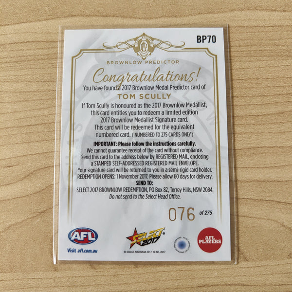 2017 Select Footy Stars Brownlow Predictor Tom Scully GWS 076/275