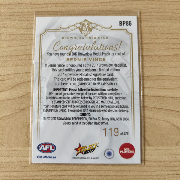 2017 Select Footy Stars Brownlow Predictor Bernie Vince Melbourne 119/275