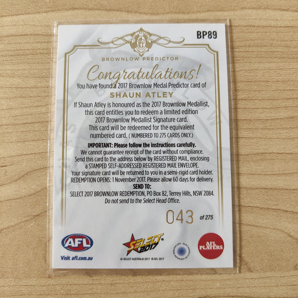 2017 Select Footy Stars Brownlow Predictor Shaun Atley North Melbourne 043/275