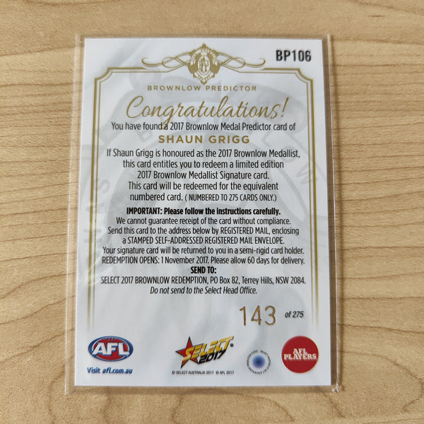 2017 Select Footy Stars Brownlow Predictor Shaun Grigg Richmond 143/275