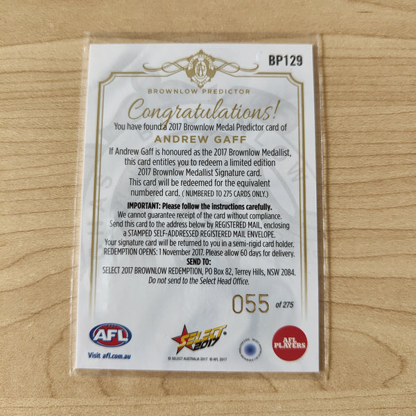 2017 Select Footy Stars Brownlow Predictor Andrew Gaff West Coast 055/275