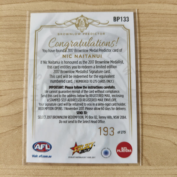 2017 Select Footy Stars Brownlow Predictor Nic Naitanui West Coast 193/275