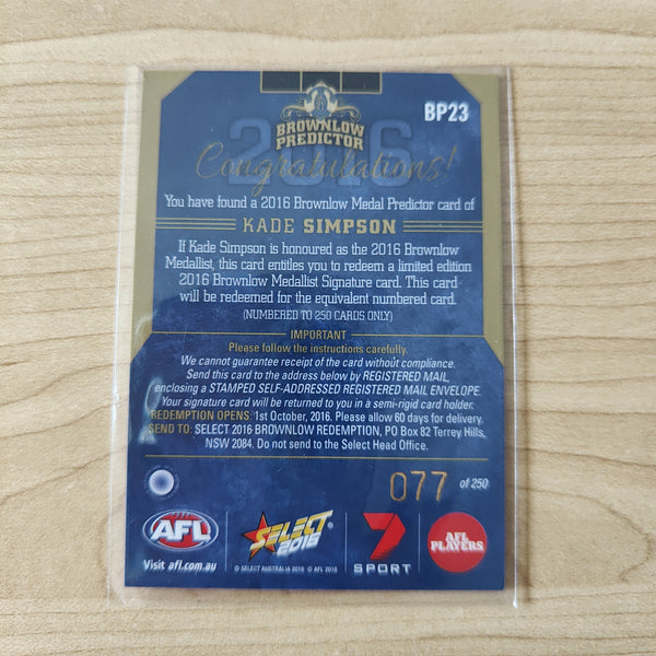2016 Select Footy Stars Brownlow Predictor Kade Simpson Carlton 077/250