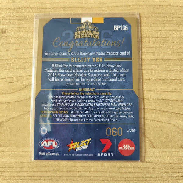 2016 Select Footy Stars Brownlow Predictor Elliot Yeo West Coast 060/250