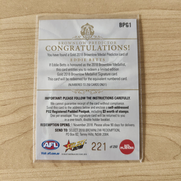 2018 Select Footy Stars Gold Brownlow Predictor Eddie Betts Adelaide 221/250