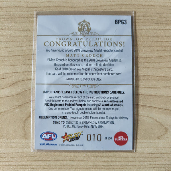 2018 Select Footy Stars Gold Brownlow Predictor Matt Crouch Adelaide 010/250