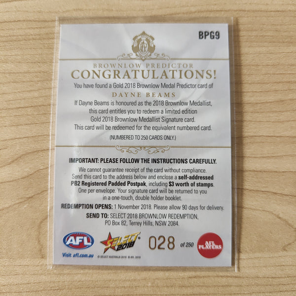 2018 Select Footy Stars Gold Brownlow Predictor Dayne Beams Brisbane 028/250