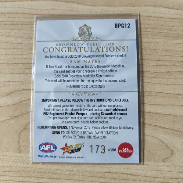 2018 Select Footy Stars Gold Brownlow Predictor Sam Mayes Brisbane 173/250
